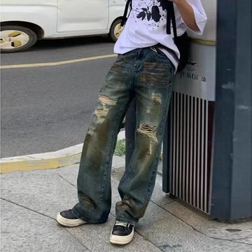 Riolio Y2K Summer American Men and Women High Street Retro Destruction Straight leg Jeans Couple Hip Hop Washed Loose Casual Pants